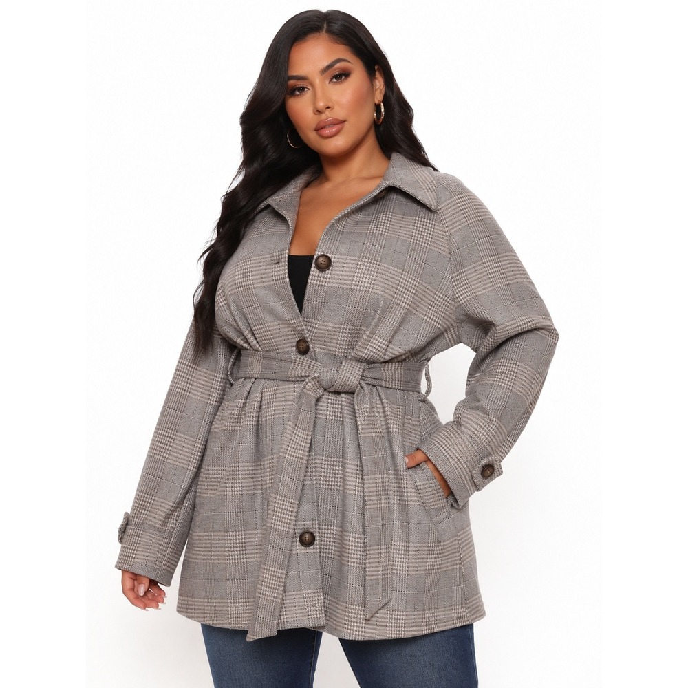 Bagatelle Collection Grey Plaid Belted Trench Coat Jacket Plus Size 3X New